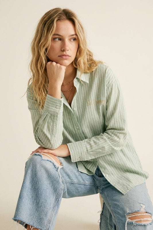 Q2 Camicia a righe verde chiaro con logo ricamato St. Tropez