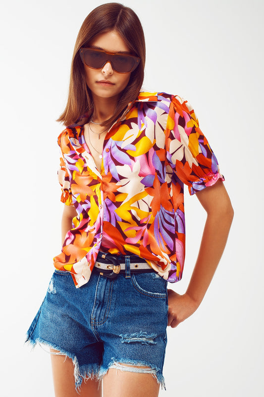 Q2 Camicia a stampa floreale con maniche elasticizzate multicolore