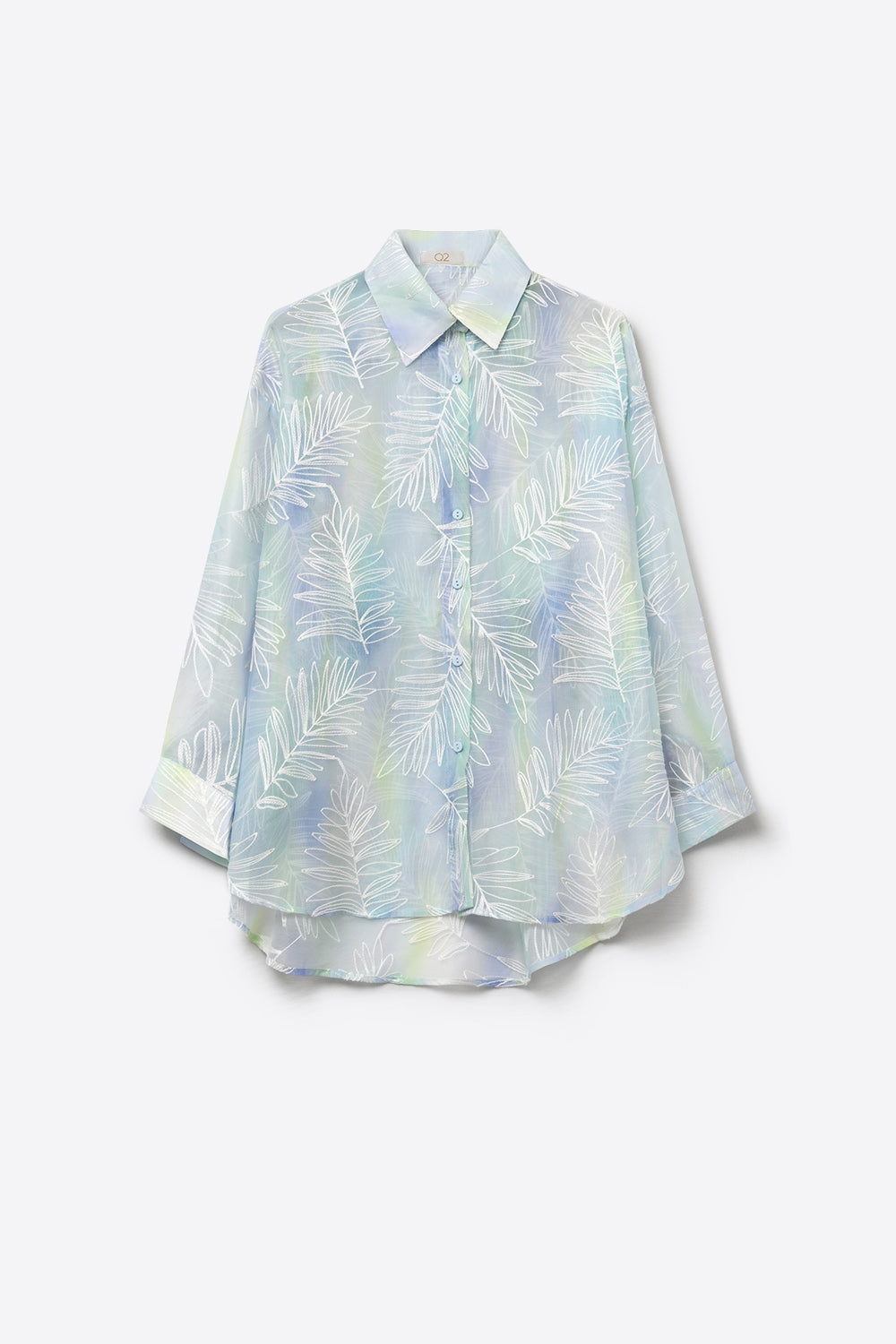 Camicia azzurra con stampa fogliare trasparente e tessuto traslucido