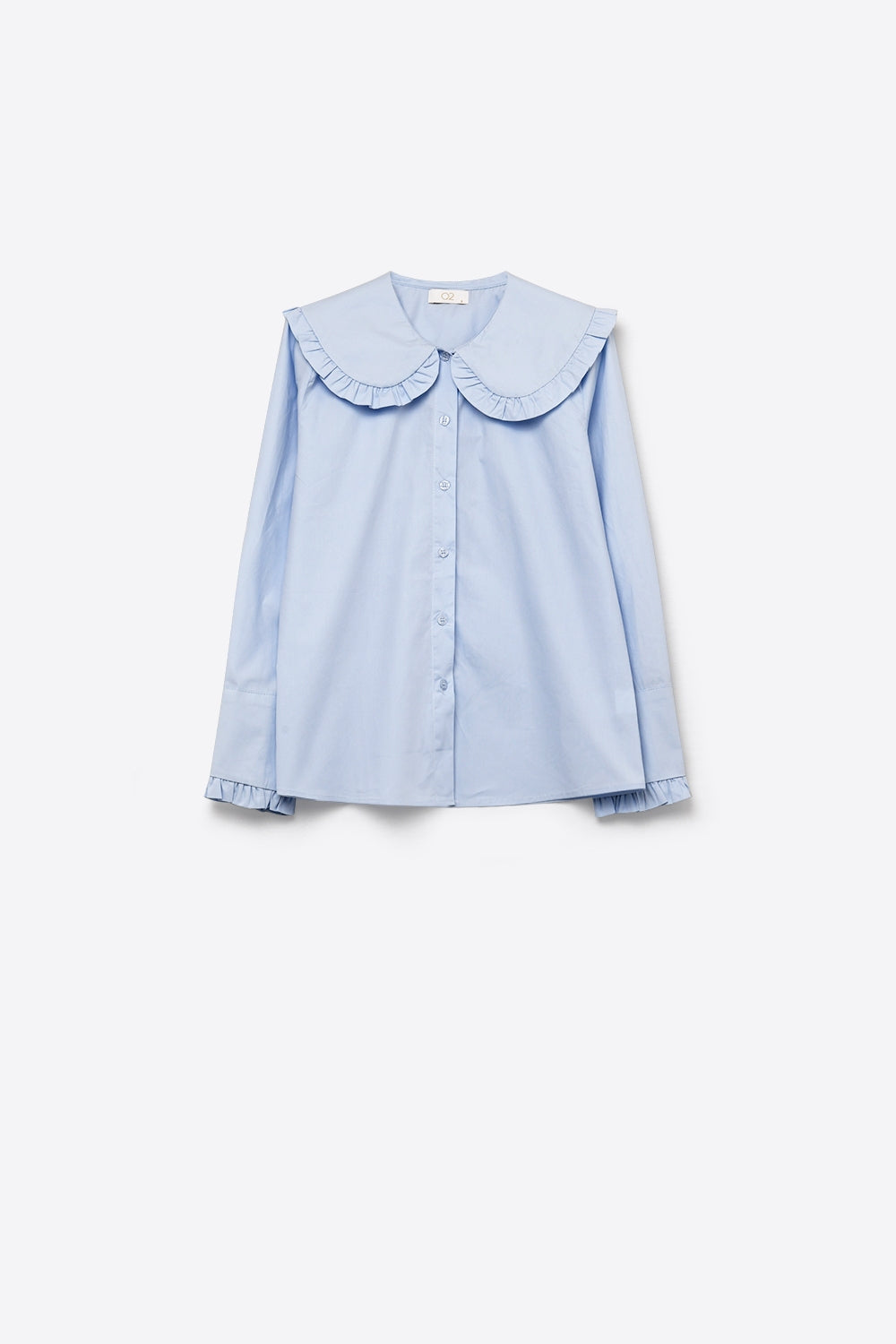 Camicia Azzurra in Popeline con Colletto a Balze Maniche Lunghe Vestibilità Regolare