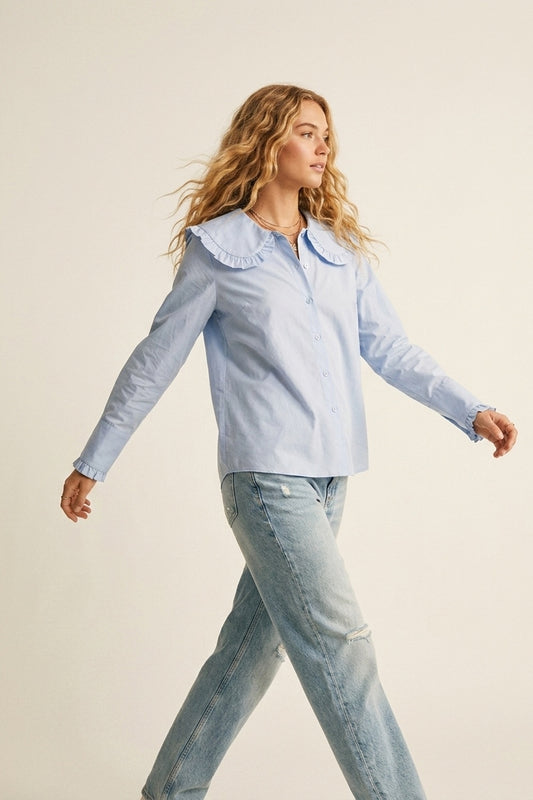 Q2 Camicia Azzurra in Popeline con Colletto a Balze Maniche Lunghe Vestibilità Regolare