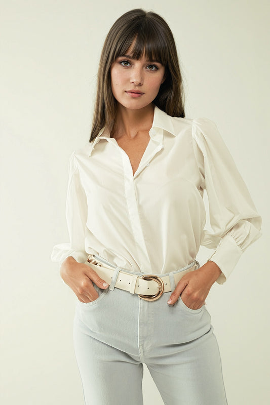 Q2 Camicia Basic poplin bianca con maniche lunghe a palloncino
