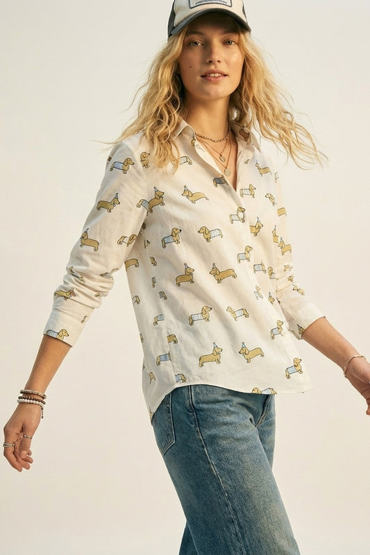 Q2 Camicia bianca button-up con stampa di cani giocosi