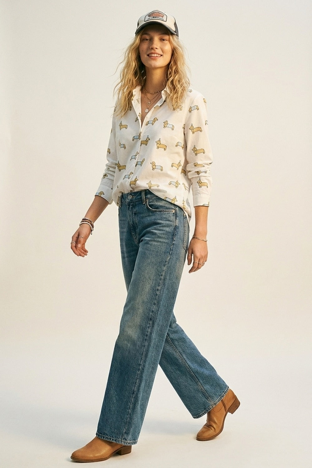 Camicia bianca button-up con stampa di cani giocosi