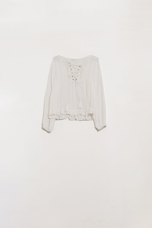 Q2 Camicia bianca con nappe e chiusura a cravatta incrociata