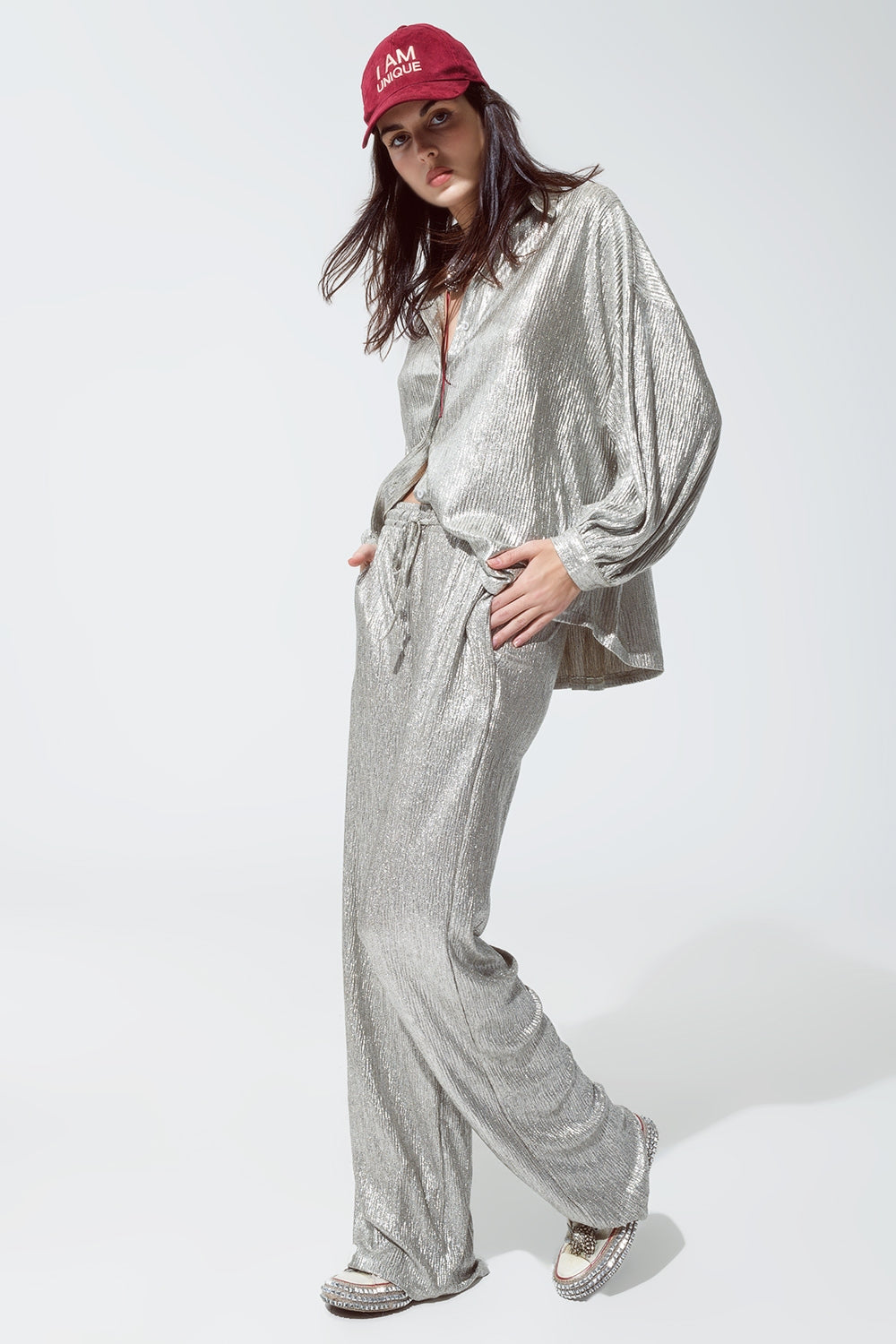 Camicia button down dal taglio rilassato con maniche a palloncino in argento