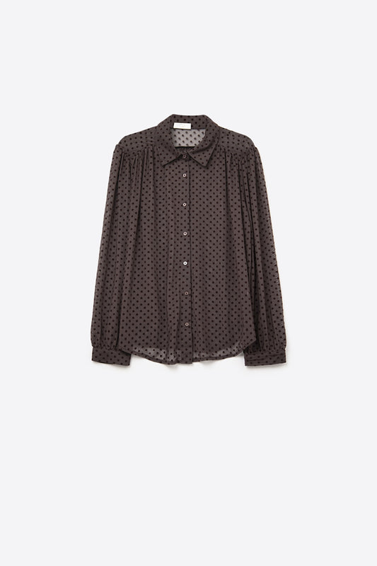 Camicia button-up a pois marrone in chiffon