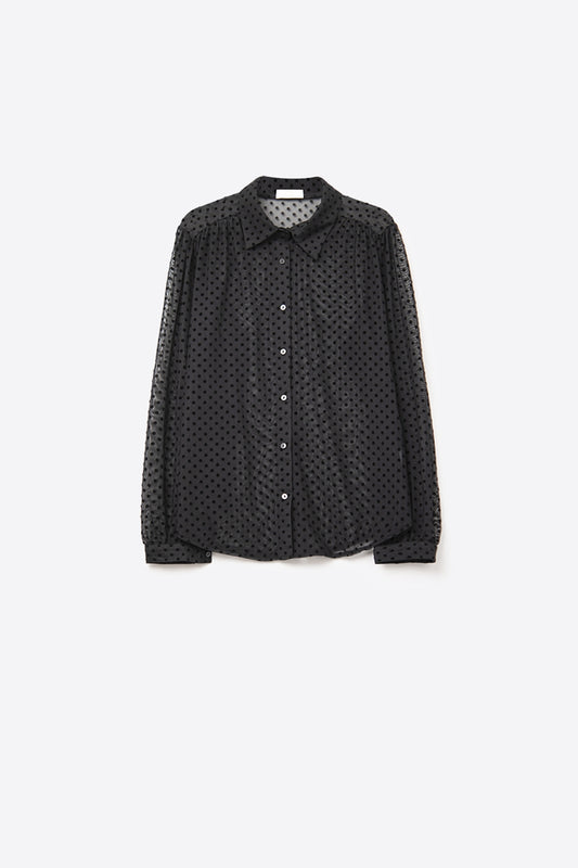 Camicia button-up a pois neri in chiffon
