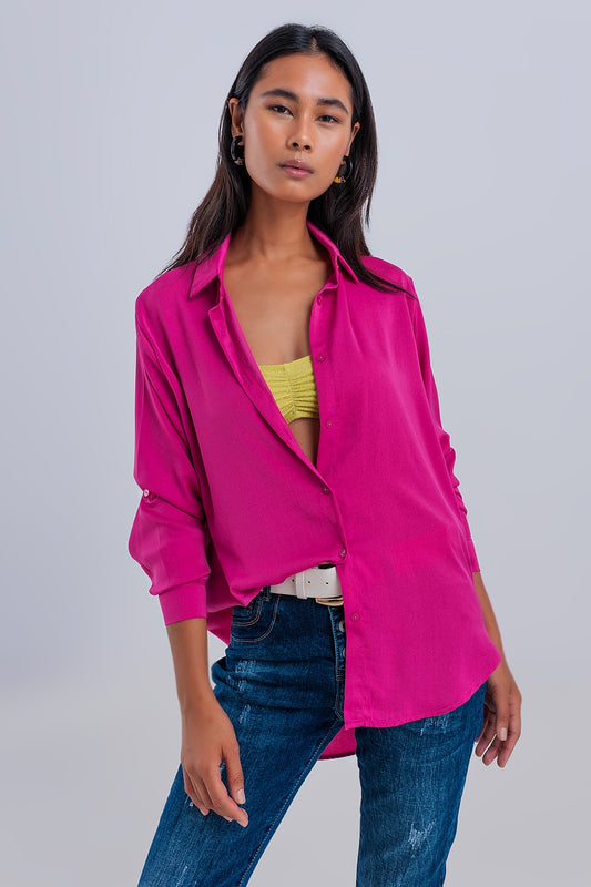 Q2 Camicia comoda a maniche lunghe in raso color fucsia