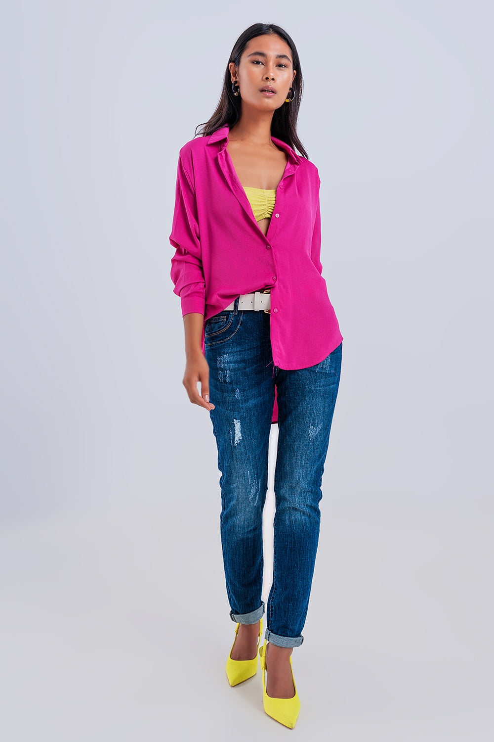 Camicia comoda a maniche lunghe in raso color fucsia