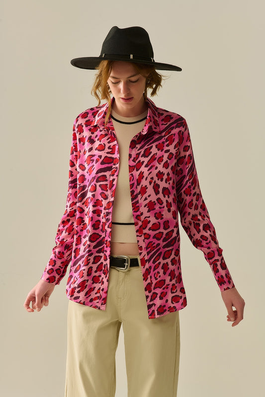 Q2 Camicia con Bottoni in Stampa Leopardata Fucsia
