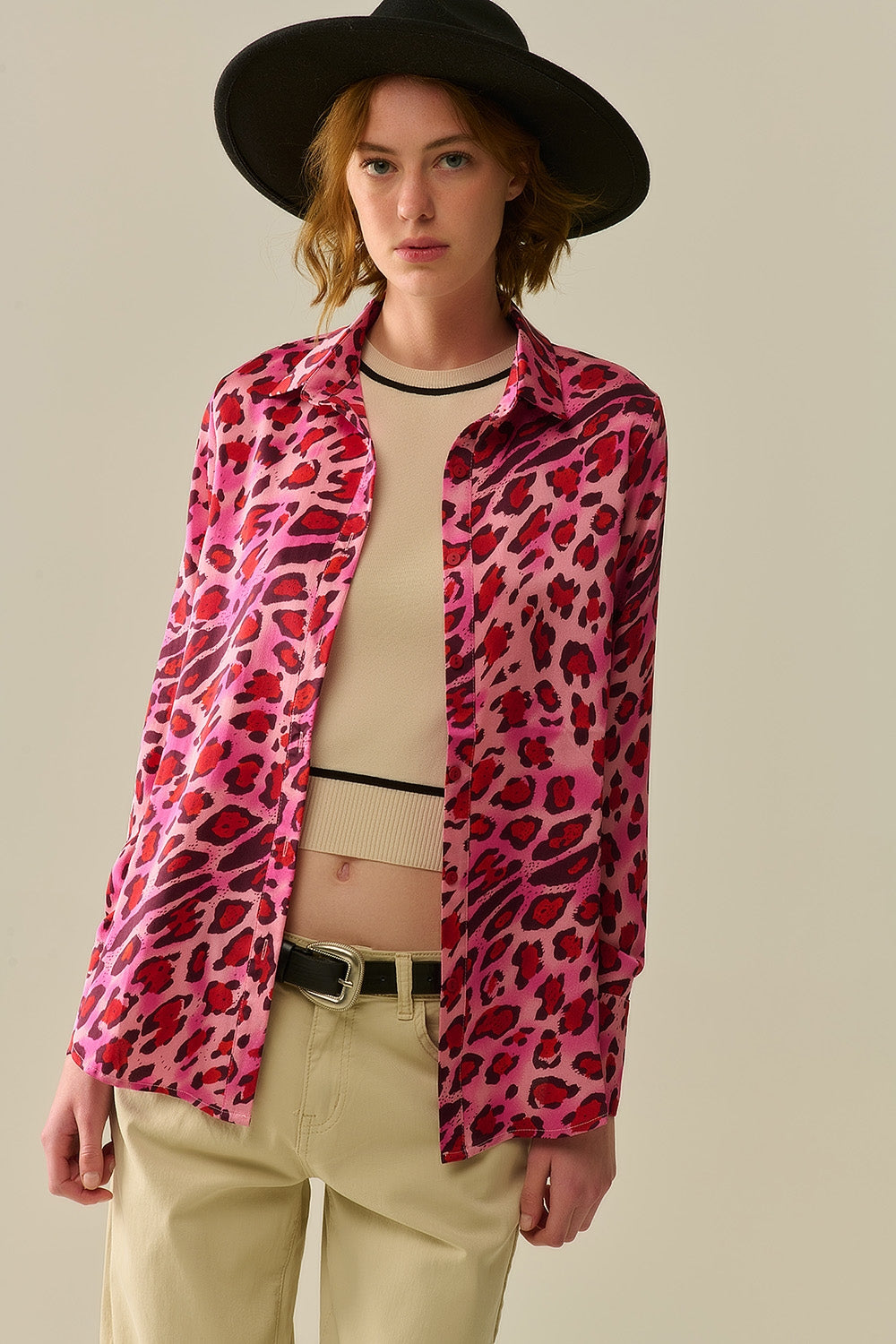 Camicia con Bottoni in Stampa Leopardata Fucsia