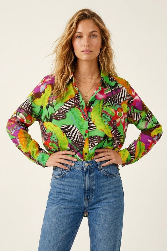 Q2 Camicia con stampa tropicale vibrante multicolore verde in tessuto satinato