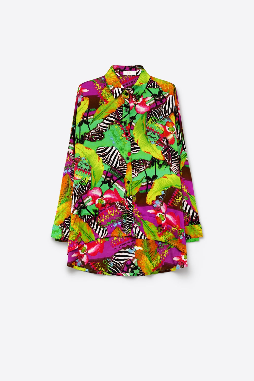 Camicia con stampa tropicale vibrante multicolore verde in tessuto satinato