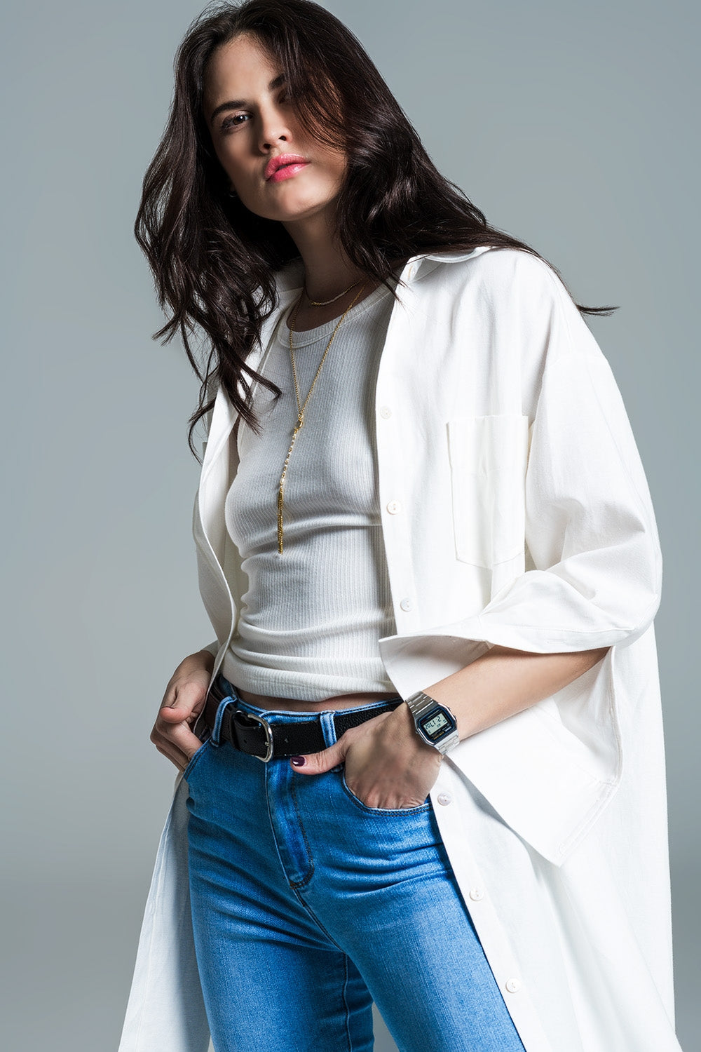 Camicia con taglio boyfriend e manica a 3/4 in bianco