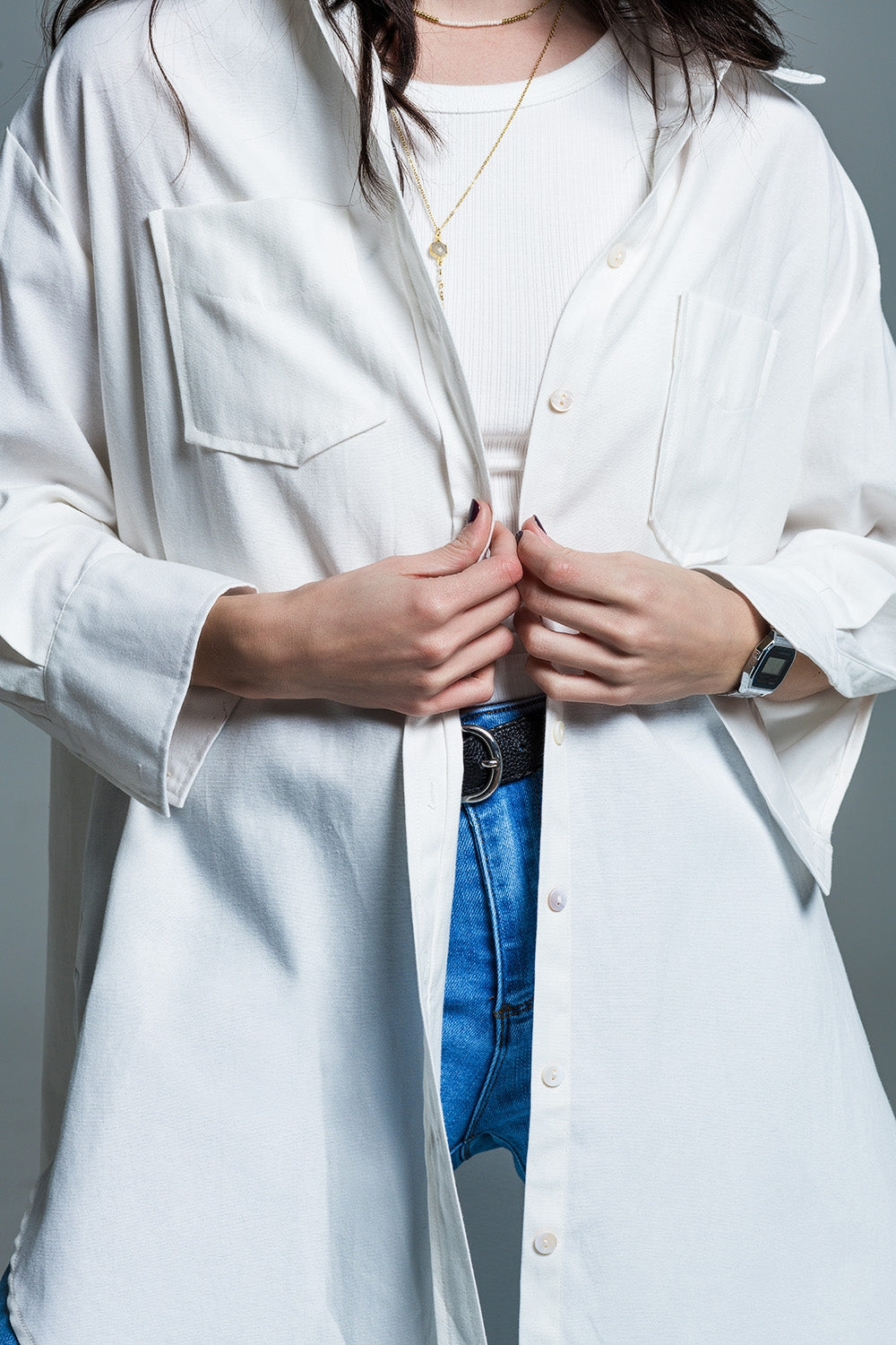 Camicia con taglio boyfriend e manica a 3/4 in bianco