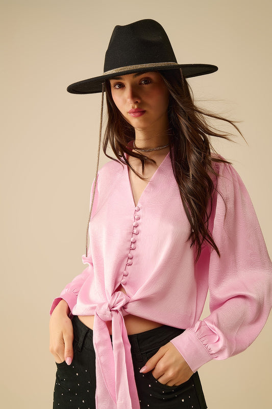 Q2 Camicia cropped in rosa con nodo