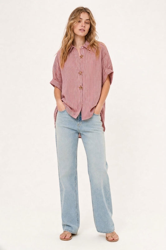 Q2 Camicia di popeline a righe oversize rosa con bottoni a forma di stella marina