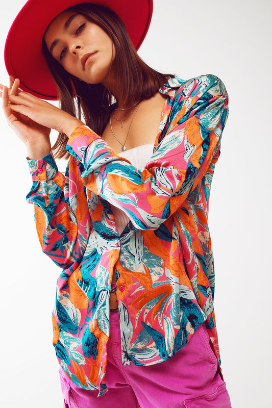 Q2 Camicia di satin con stampa floreale in arancione