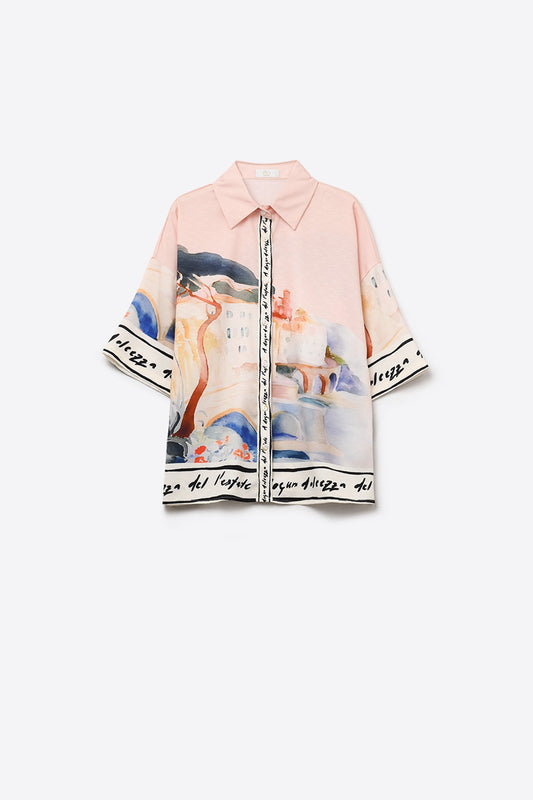 Q2 camicia estiva rosa con stampa acquerello