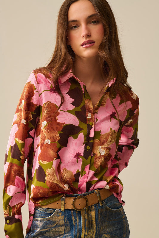 Q2 Camicia floreale tropicale in raso verde oliva