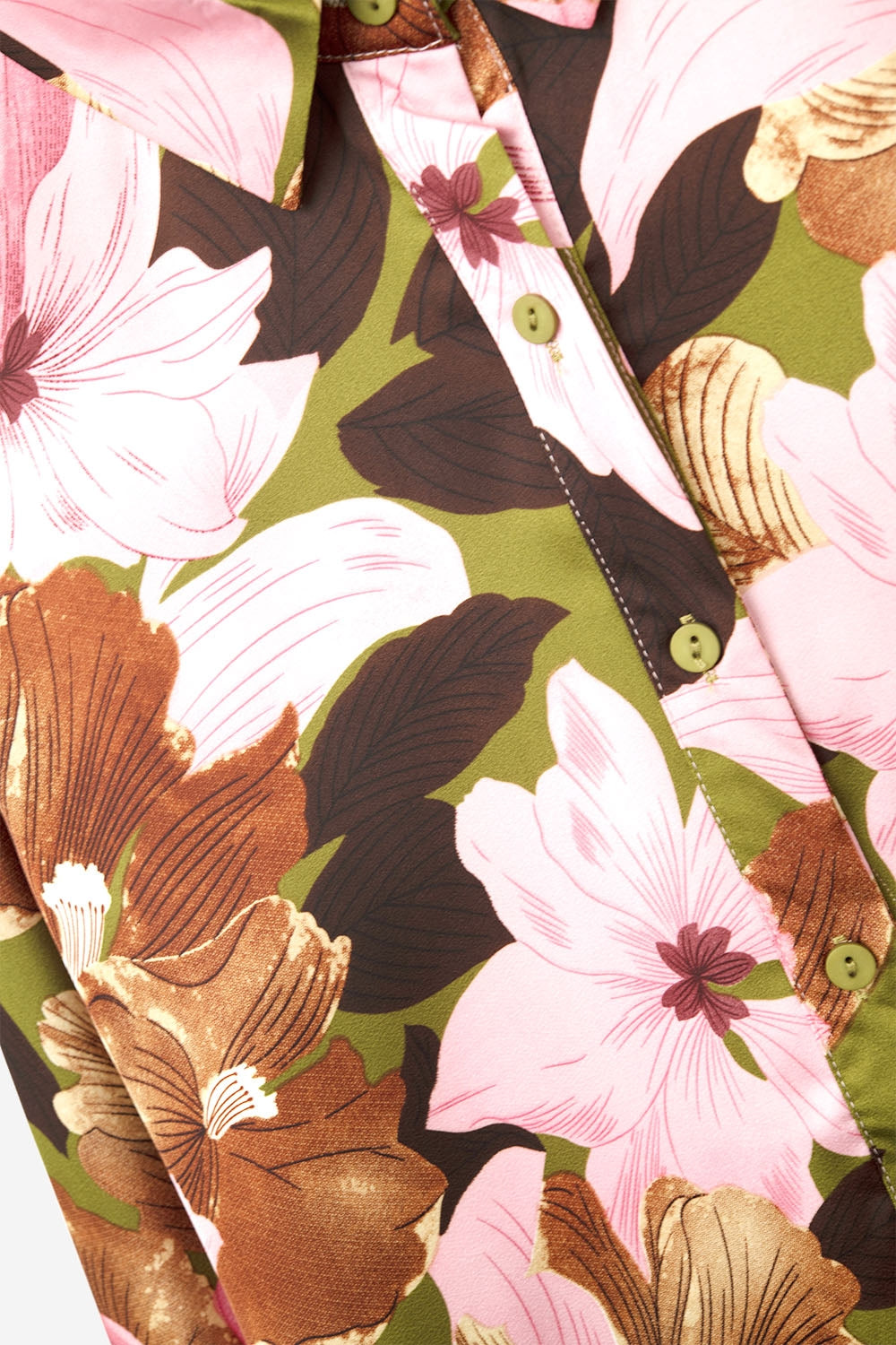 Camicia floreale tropicale in raso verde oliva