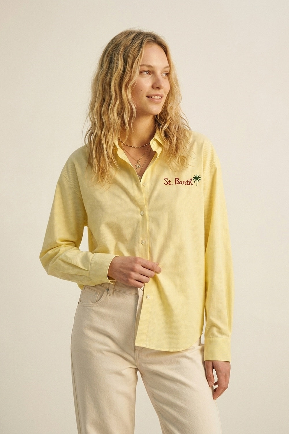 Camicia gialla a righe con ricamo St Barth