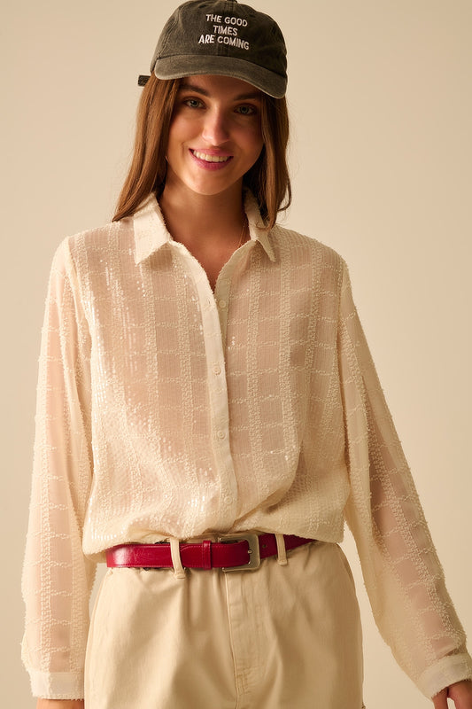 camicia in chiffon beige con dettagli in paillettes