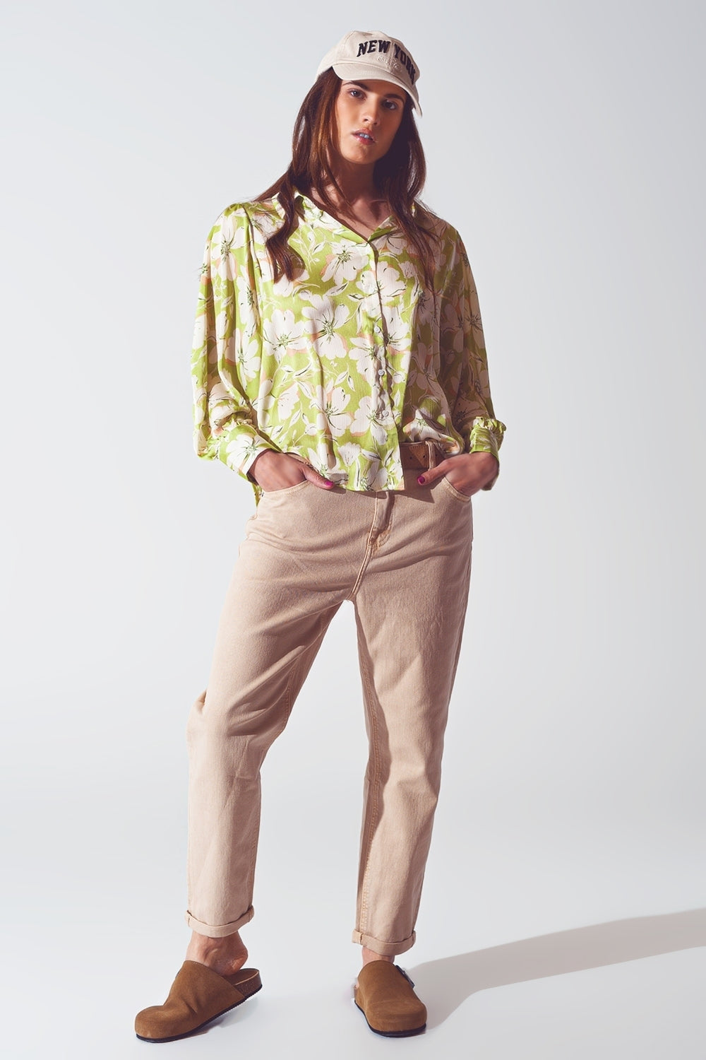 Camicia in chiffon con stampa floreale in verde