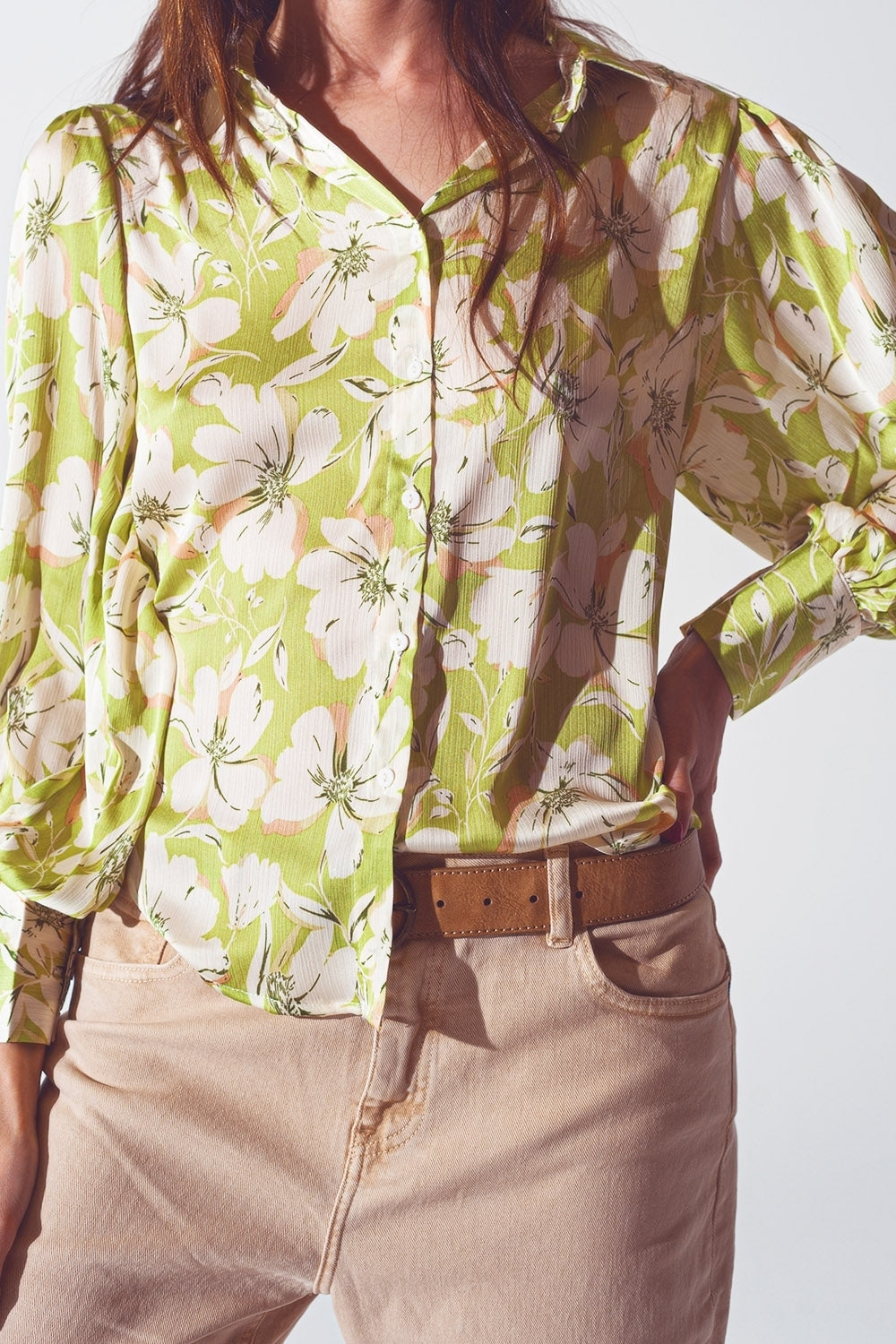 Camicia in chiffon con stampa floreale in verde