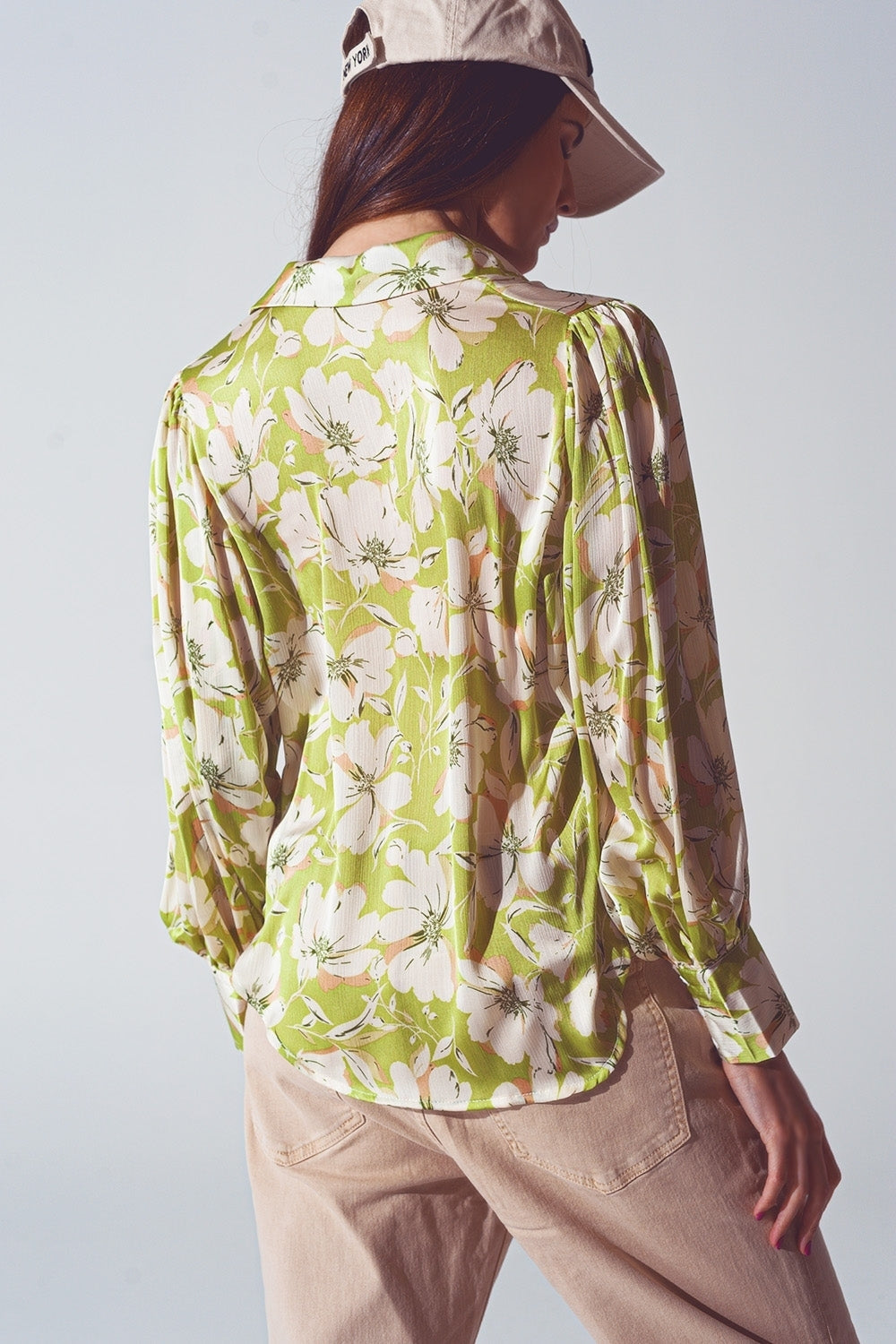 Camicia in chiffon con stampa floreale in verde