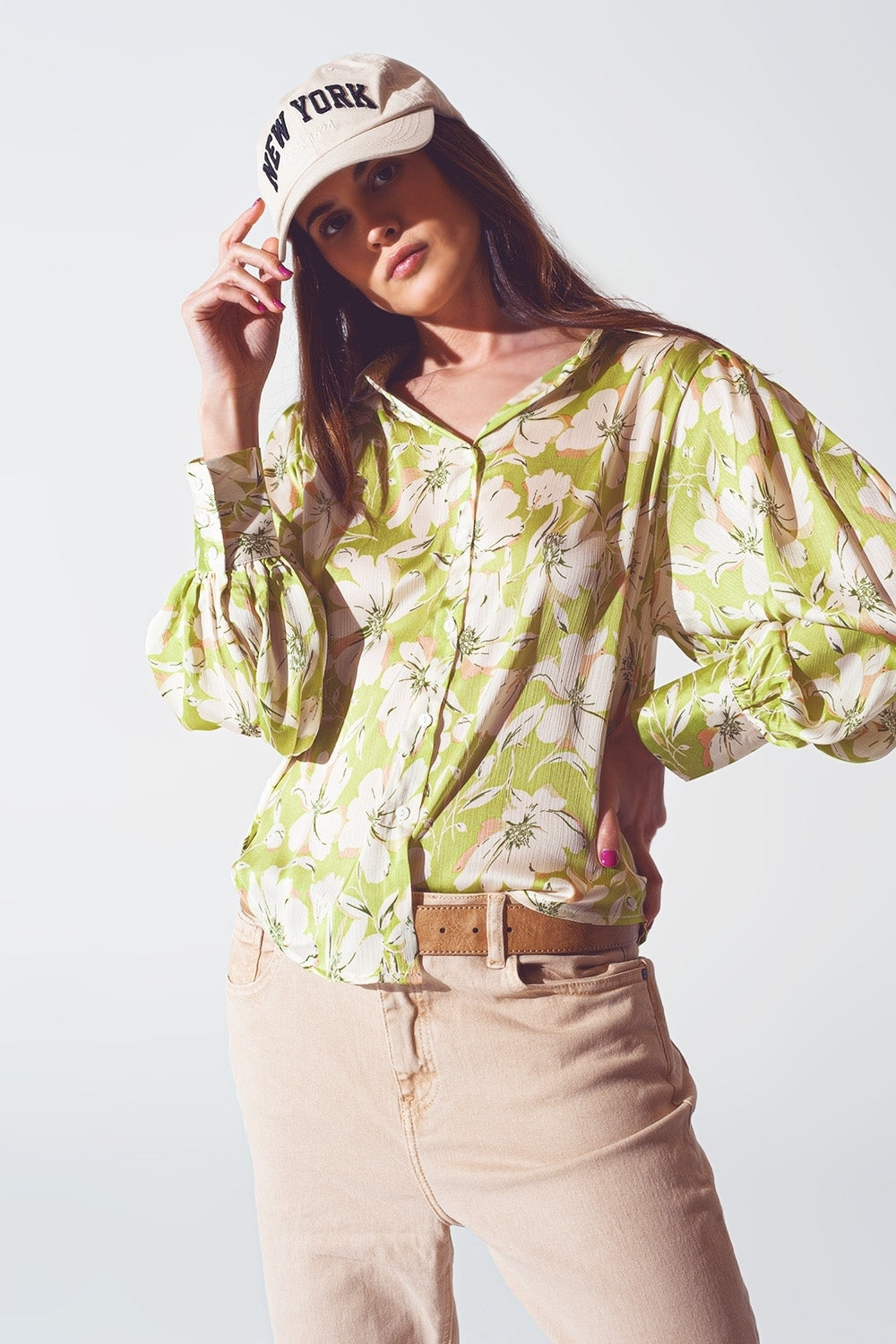 Q2 Camicia in chiffon con stampa floreale in verde