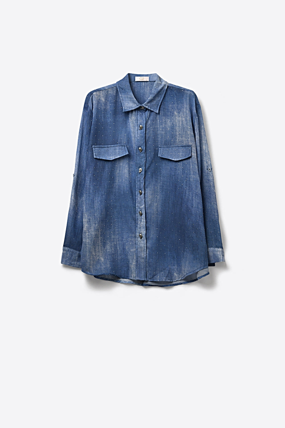Camicia in chiffon tie-dye blu con dettagli in strass