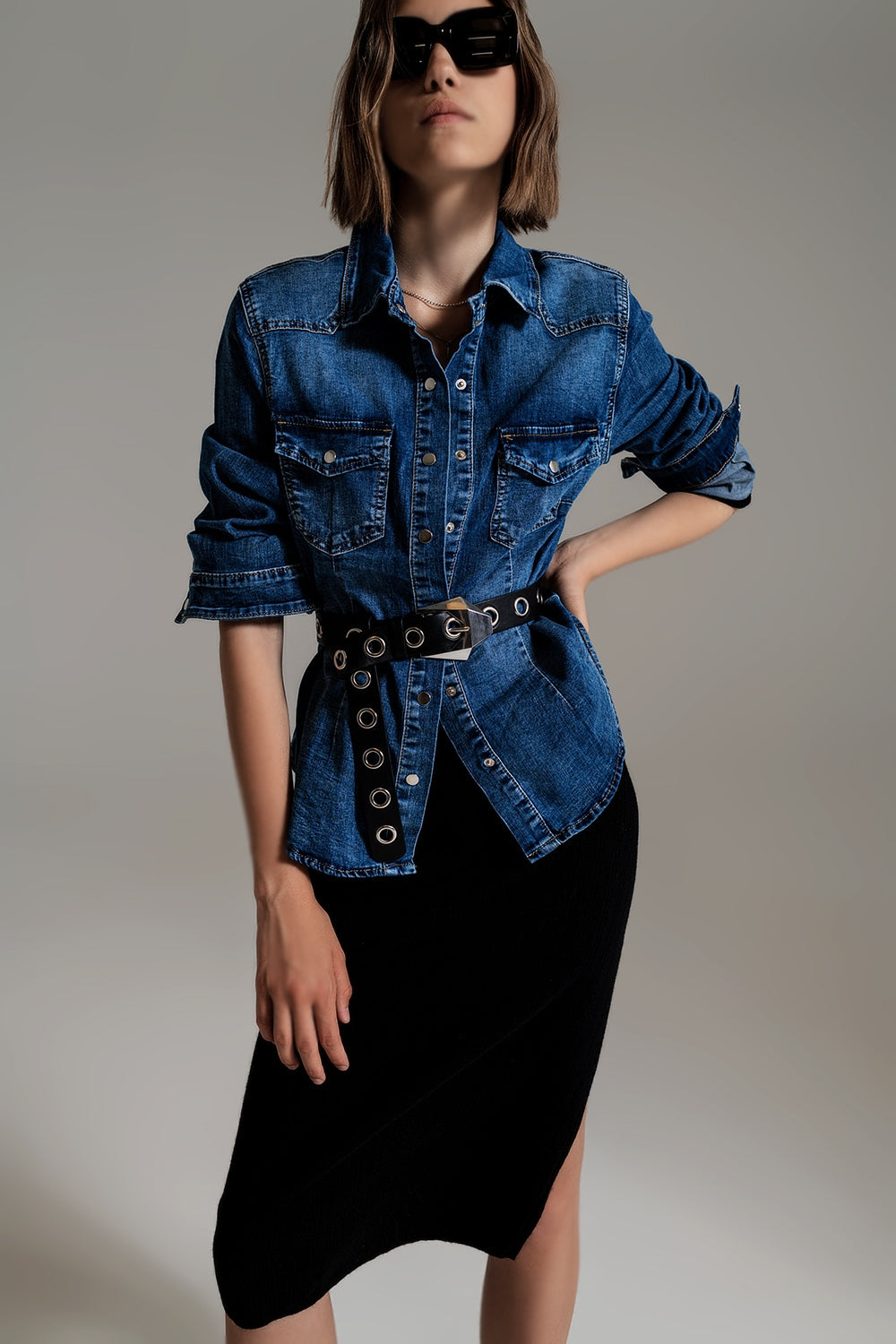 camicia in denim elasticizzato blu medio