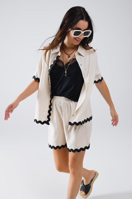 Q2 Camicia in lino con orlo smerlato a contrasto beige
