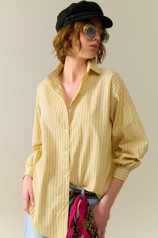 Q2 camicia in popeline a righe gialle impreziosita da strass