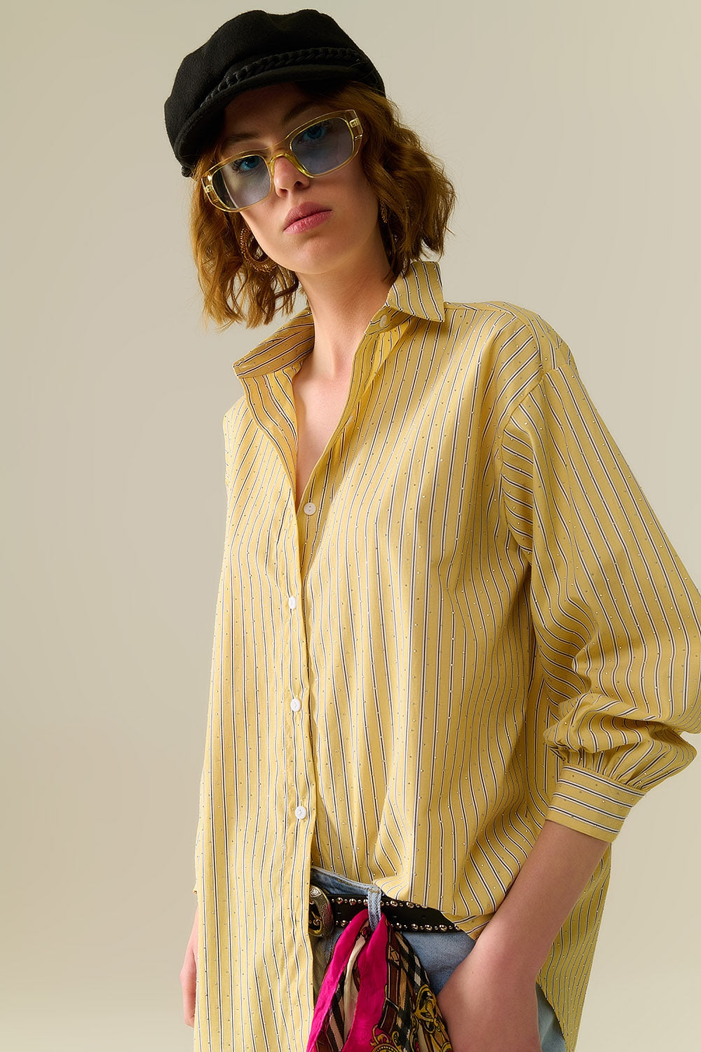 camicia in popeline a righe gialle impreziosita da strass
