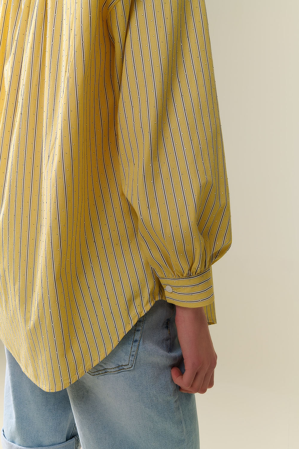 camicia in popeline a righe gialle impreziosita da strass