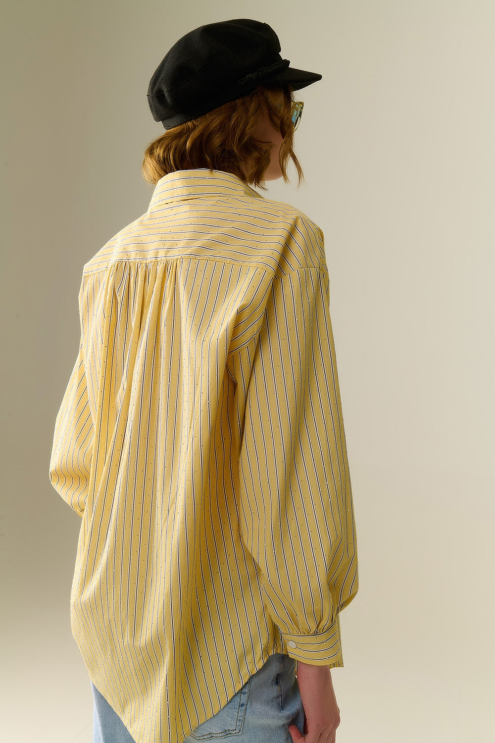 camicia in popeline a righe gialle impreziosita da strass