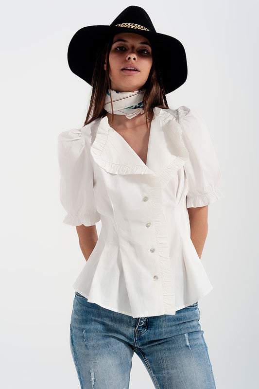 Q2 Camicia in popeline con volant in bianco