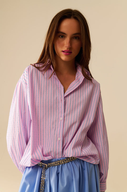 Q2 Camicia in popeline rosa a righe impreziosita da strass