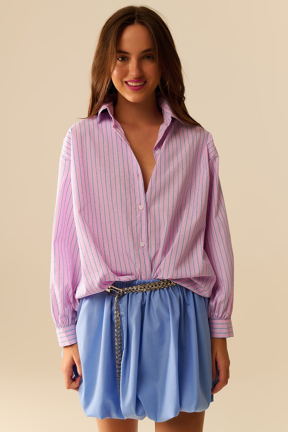 Camicia in popeline rosa a righe impreziosita da strass