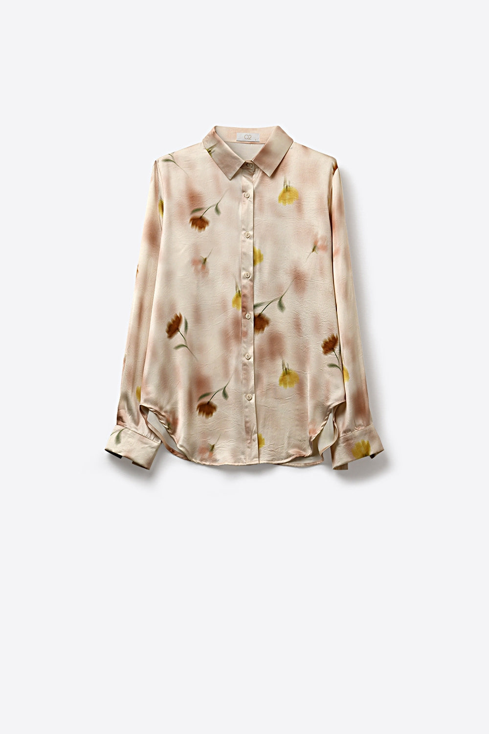 Camicia in raso beige con stampa floreale e bottoni