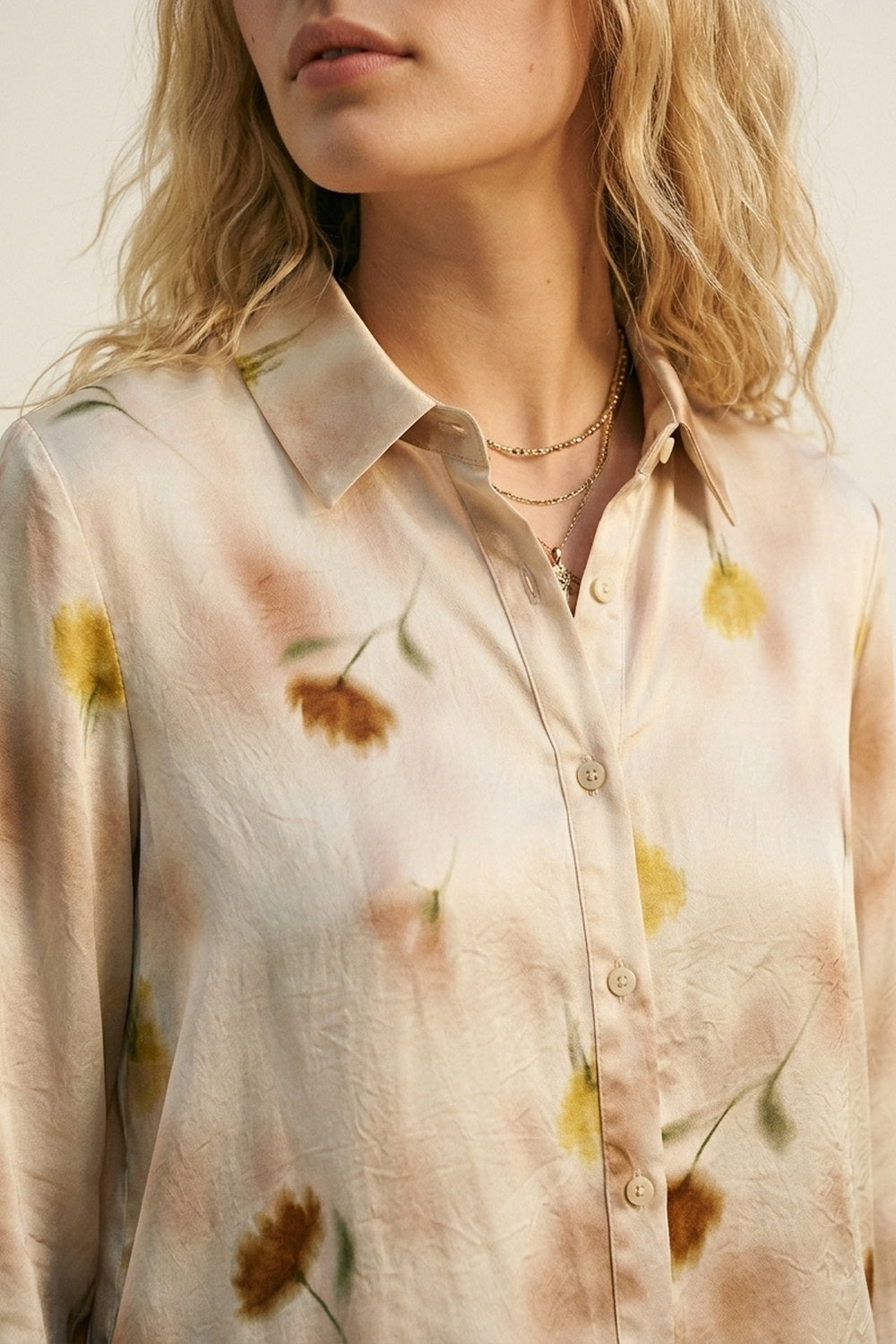 Camicia in raso beige con stampa floreale e bottoni