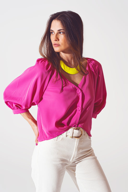 Q2 Camicia in raso color fucsia con bottoni