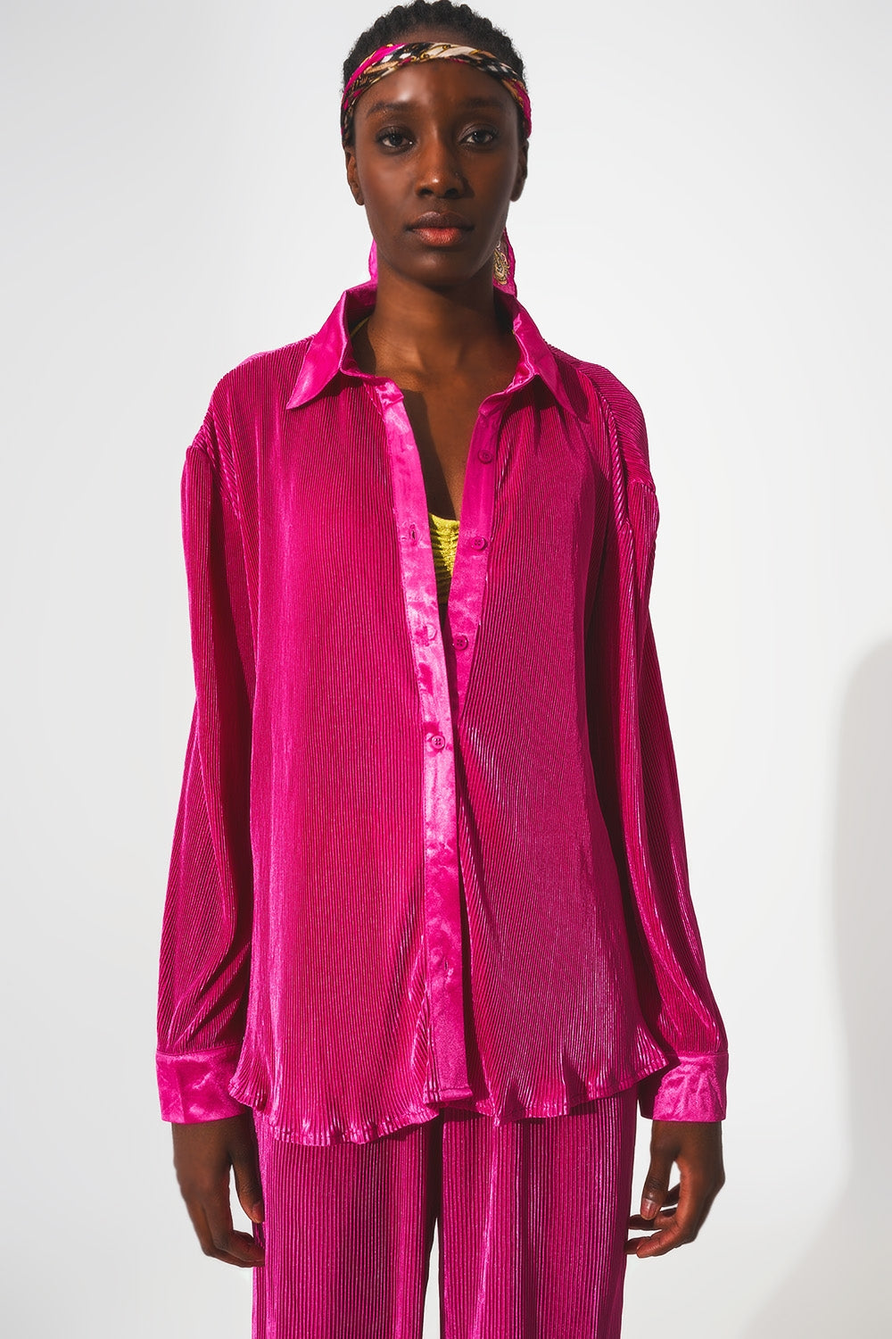 Camicia in raso plissé fucsia