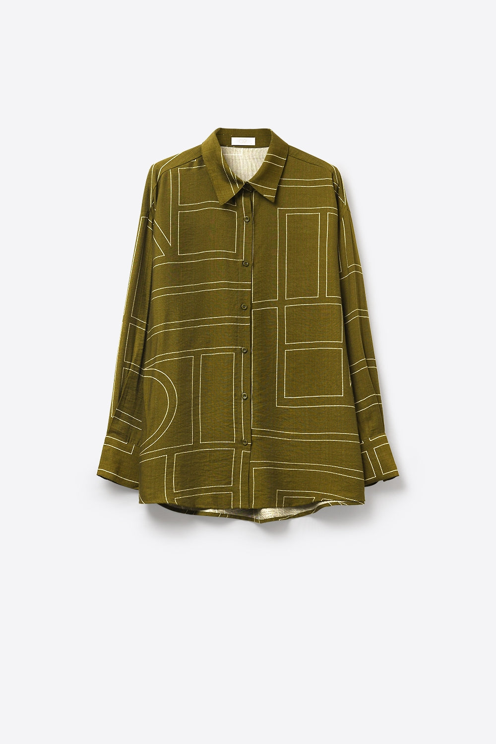 Camicia in tessuto fluido fine oliva con stampa grafica
