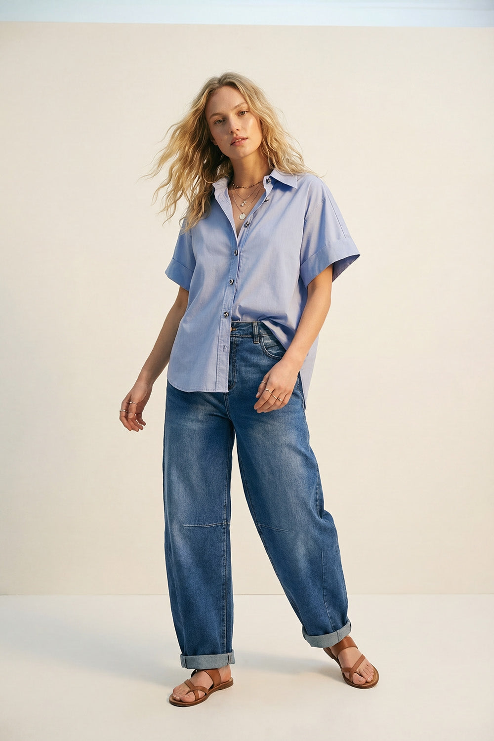 Camicia Kimono a maniche corte in popeline blu con bottoni argentati