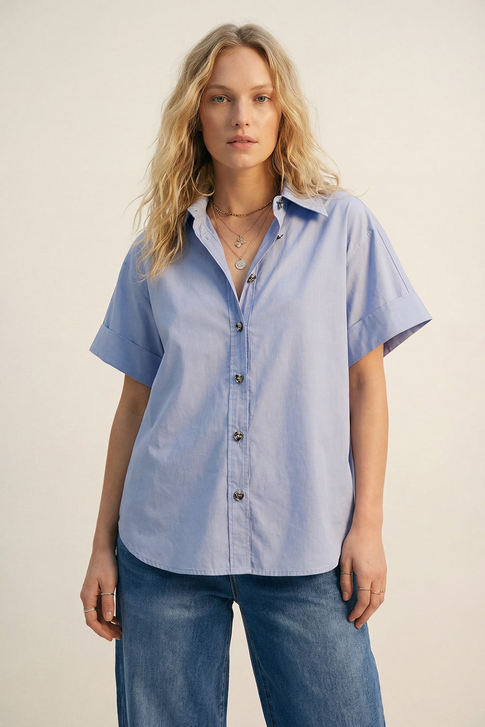Camicia Kimono a maniche corte in popeline blu con bottoni argentati
