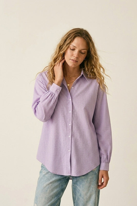 Q2 Camicia leggera a righe lilla con strass
